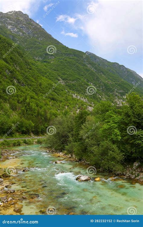 Majestic Turquoise Soca River In The Green Forest Bovec Slovenia