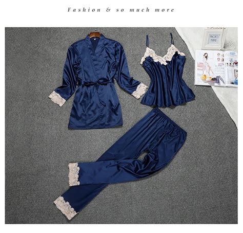 Ladies Sexy Silk Satin Pajama Set Lace Sleepwear Set Fashion Home Clothing V Neck Nightwear Bathrobe