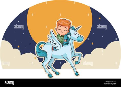 Boy Dreaming On Unicorn Flying Cartoon Flying At Night In The Sky Vector Illustration Graphic