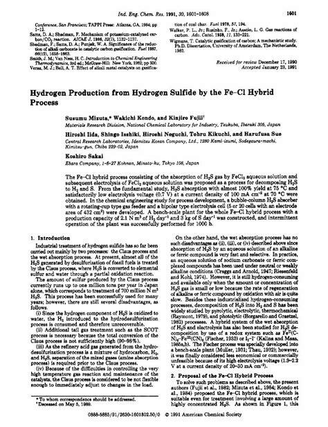 PDF Hydrogen Production From Hydrogen Sulfide By The Iron Chlorine