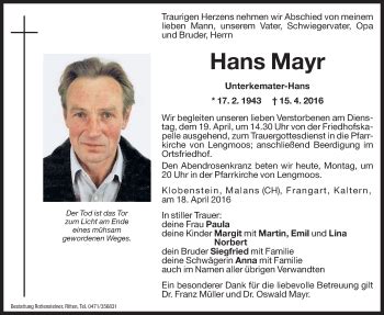 Traueranzeigen Von Hans Mayr Trauer Bz