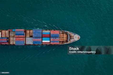 Containers Ship Corgo Transport Floating At Sea Aerial Top View Stock
