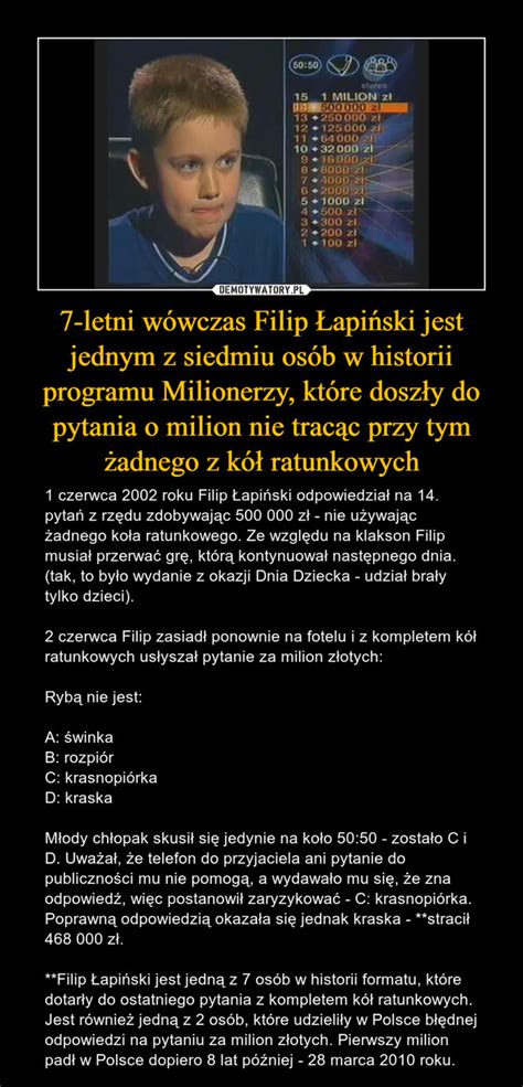 7 letni wówczas Filip Łapiński jest jednym z siedmiu osób w historii