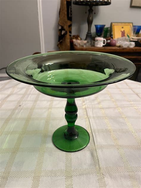 Art Deco Tall Handblown Green Glass Fruit Bowlcompote Etsy Glass Fruit Bowl Green Glass