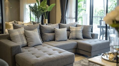 Modern Grey Sofa With Pillows In Living Room At Home Background