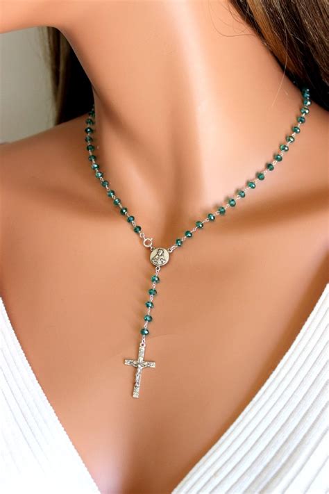 Aqua Crystal Rosary Necklace Sterling Silver Rosaries Crucifix Etsy Beaded Jewelry Jewelry