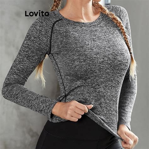 Lovito Women Sporty Plain Structure Line Basic Sports T Shirt Lnl