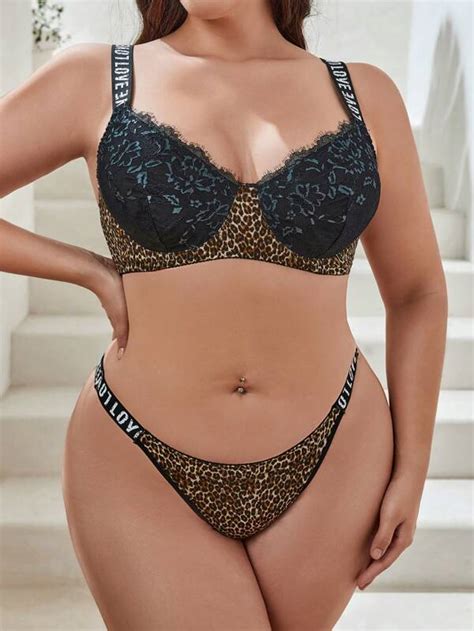 Plus Leopard Contrast Lace Lingerie Set Shein Usa