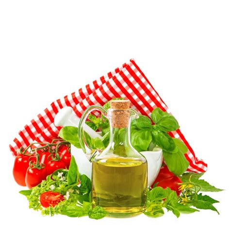 Olive Oil With Basil And Tomatoes Italian Food Ingredients Stock Photo