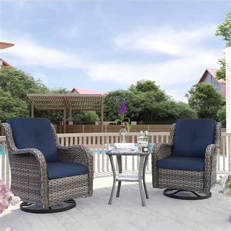 JOYSIDE 3 Piece Wicker Patio Conversation Set With Blue Cushions All