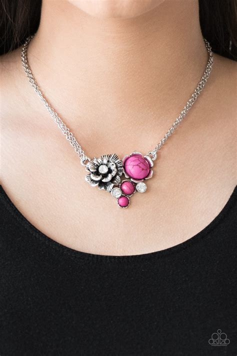 Paparazzi Desert Harvest Pink Stone Silver Floral Frame Necklace And E