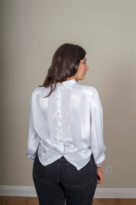 High Neck White Satin Button Back Collared Long Sleeve Blouse