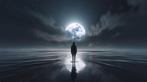 Premium Photo A Man Stands On A Beach Looking At The Moon