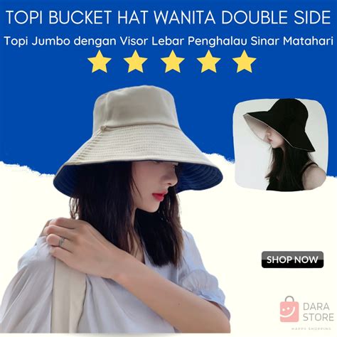 Jual Topi Bucket Hat Wanita Double Side Bucket Hat Tali Topi Rimba