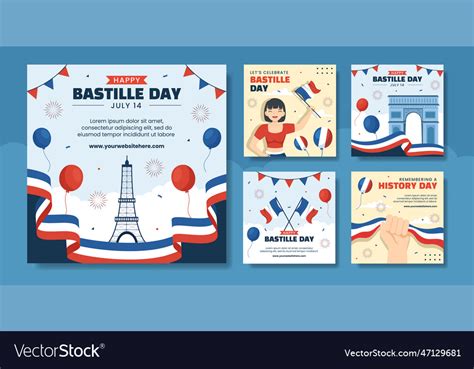 Happy Bastille Day Social Media Post Flat Cartoon Vector Image