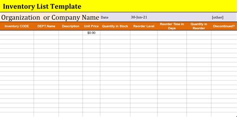 Inventory List Template Excel Word Template