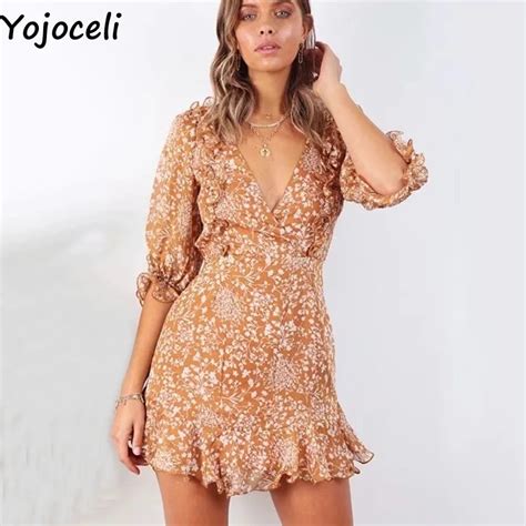 Yojoceli Sexy Floral Print Short Ruffle Dress Women Elegant Party V