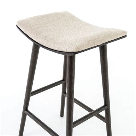 West Elm Oak Wood Upholstered Saddle Bar Stool AptDeco