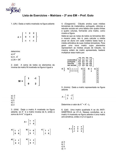 Lista De Exerc Cios Matrizes Ano Em Prof Guto