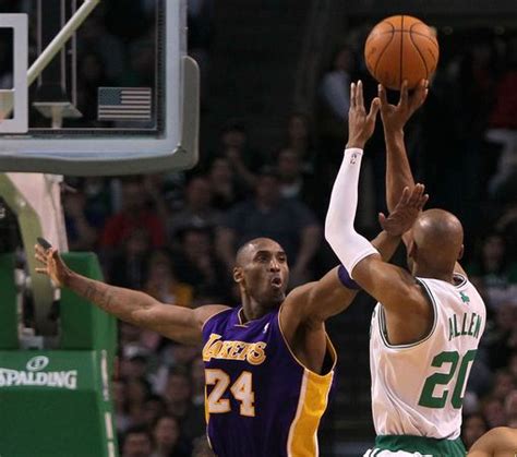 Kobe Bryant tries to distract Ray Allen's shot.JPG