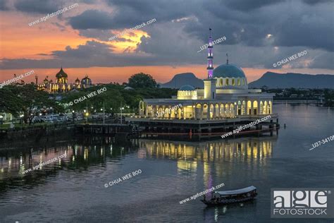 The View Of The Floating Mosque Masjid Terapung At Dusk From Darul Hana