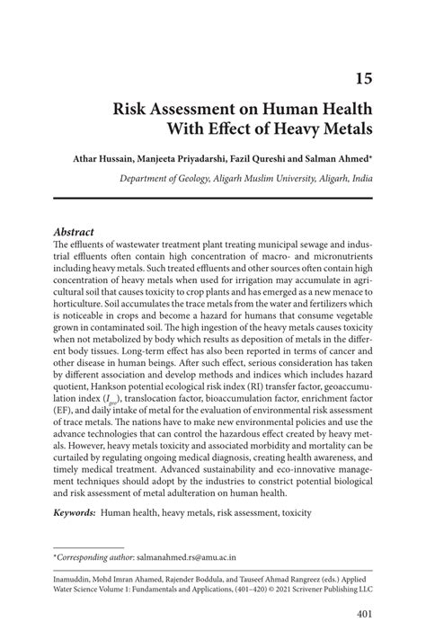 Pdf Risk Assessment On Human Health With Effect Of Heavy Metals