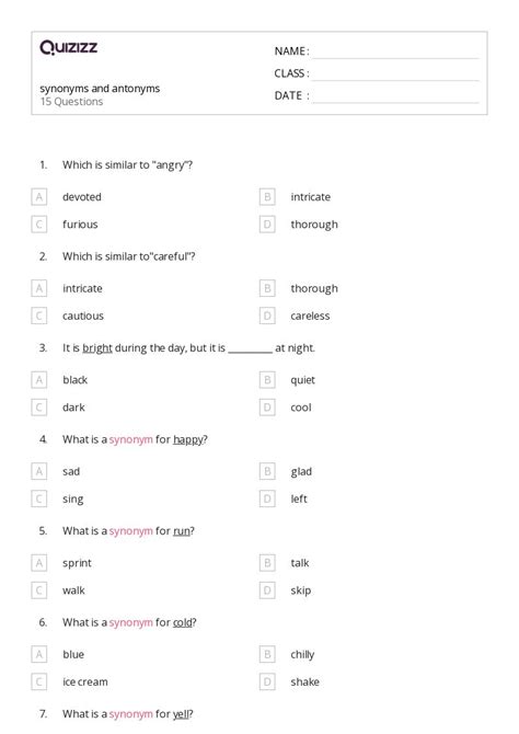 50 Synonyms And Antonyms Worksheets On Quizizz Free And Printable