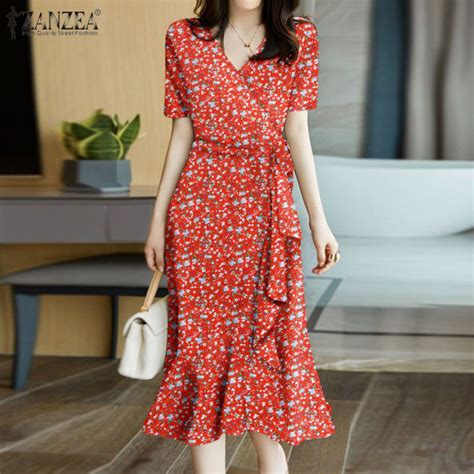 Momonaco Zanzea Korean Style Women S Dresses Floral Printed Wrap Dress