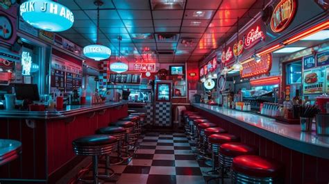 Premium Photo Classic Americana Diner With Retro Neon Signs Vintage