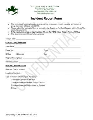 Fillable Online Incident Report Form Victoria City Rowing Club Fax