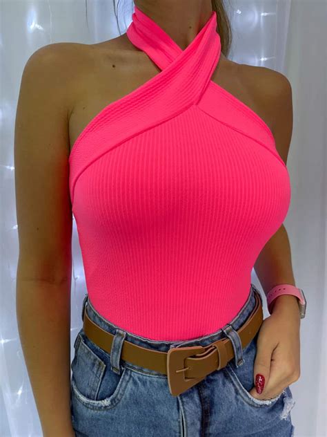 Body Canelado D Frente Nica Rosa Neon Lavinny Store