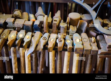 Variety Of Hammers In Rack As Used By Blacksmith At Westpoint Forge Uk