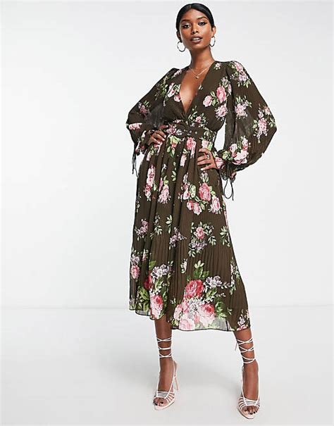 Asos Design Pleated Blouson Sleeve Midi Dress With Belt Detail In Floral Print Asos