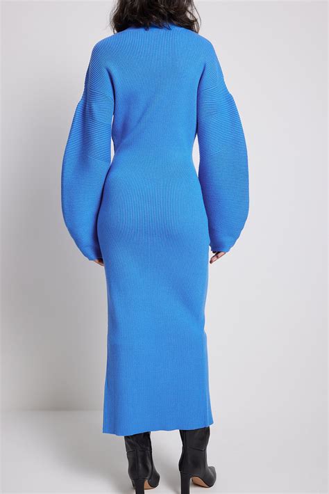 Wide Sleeve Fine Knitted Midi Dress Blue Na