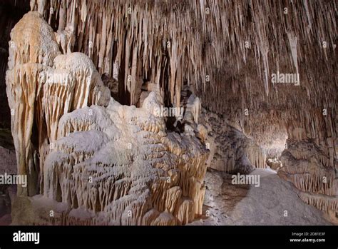 Limestone Cave Interior With Ornate Columns Formed By Hanging