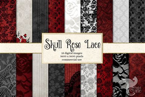 Skull Rose Lace Digital Paper Halloween Damask Lace Vintage Gothic