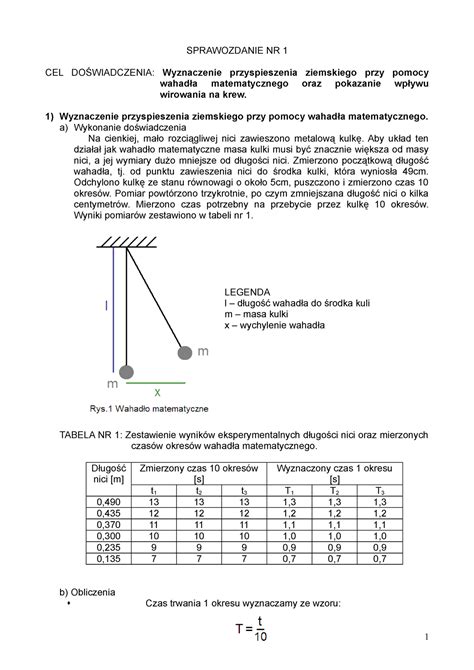 Sprawozdanie nr 1 SPRAWOZDANIE NR 1 CEL DOŚWIADCZENIA Wyznaczenie