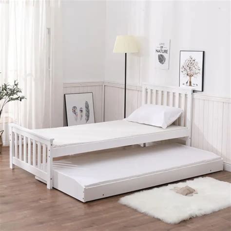 SINGLE WHITE 3FT Wooden Furniture Bed With Pull Out Trundle Guest Solid