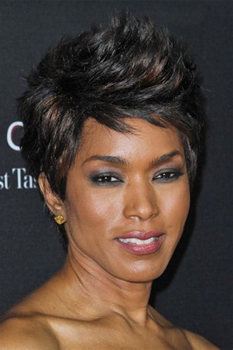 Angela Bassett Short Layered Side Part Bangs Pixie Synthetic Hair Capless Wig Edgy Short Hair