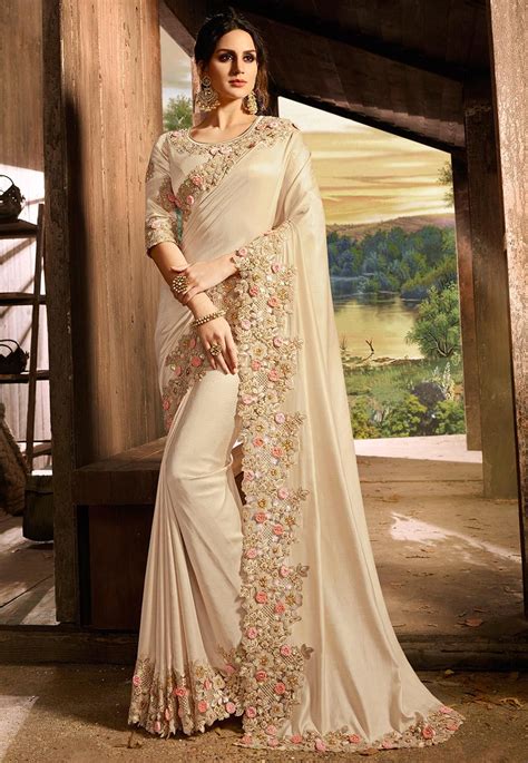 Buy Embroidered Border Art Silk Saree In Light Beige Online Ssha1563 Utsav Fashion