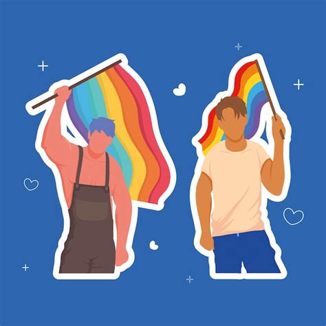 Pareja Gay Con Banderas Lgbti Vector Premium
