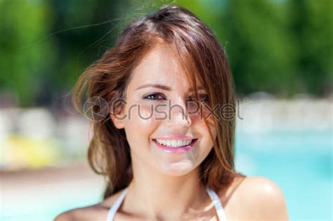 Sexy Woman Portrait In Bikini Sunbathing By Swimming Pool Resort Stock Photo Crushpixel