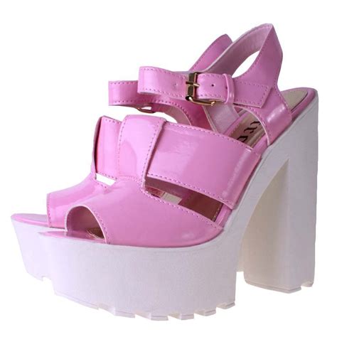 New Pink Patent High Block Heel Peep Toe Cleated Sole Platform Sandal Shoes Pink High Heel