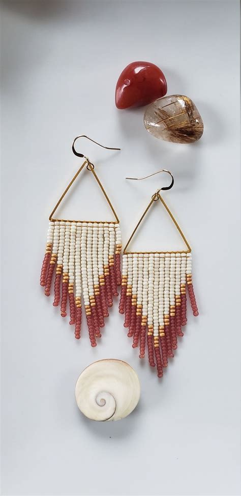 Cream Blush Handwoven Earrings Fringe Earrings Seed Bead Earrings Every Day Wear Etsy