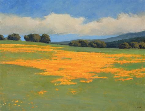 Plein Air Landscape Oil Painting With Blue Sky Trees And Poppies