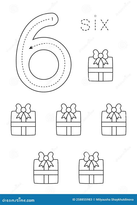 Flashcard Number Six Preschool Worksheet Christmas Presents Stock
