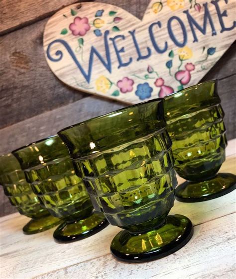 Set Of 4 Four Green Whitehall Colony Rocks Glassesfooted Etsy