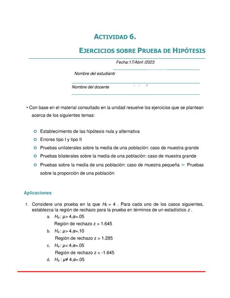 ACTIVIDAD 6 EJERCICIOS SOBRE PRUEBA DE HIPÓTESIS ACTIVIDAD 6