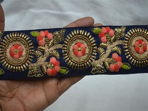 Wholesale 25 Navy Blue Indian Sari Border Craft Ribbon Embroidered