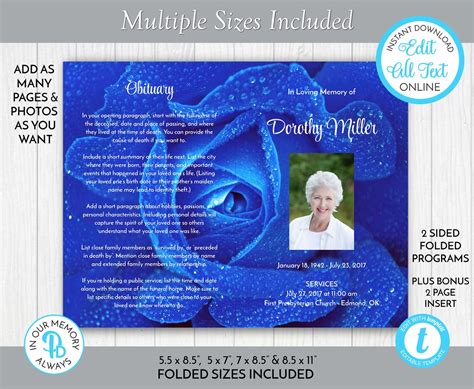 Blue Rose Funeral Program Template Obituaryorder Of Service Etsy